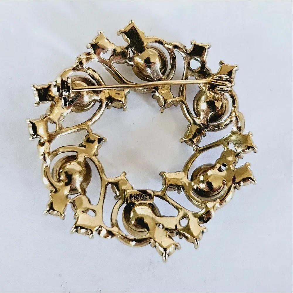 Vintage Signed Monet Openwork Pink Green Rhinestone Circular Wreath Brooch Pin